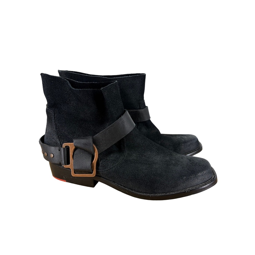 Joes Jeans Black Suede Harness Ankle Boots Square Toe Buckle Womens 7M